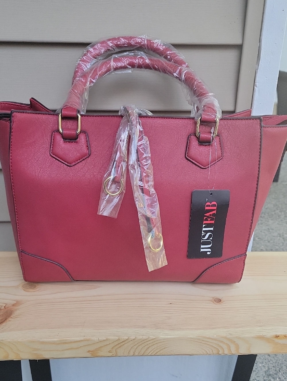 NWT JustFab Red Structured Satchel with Gold Accents